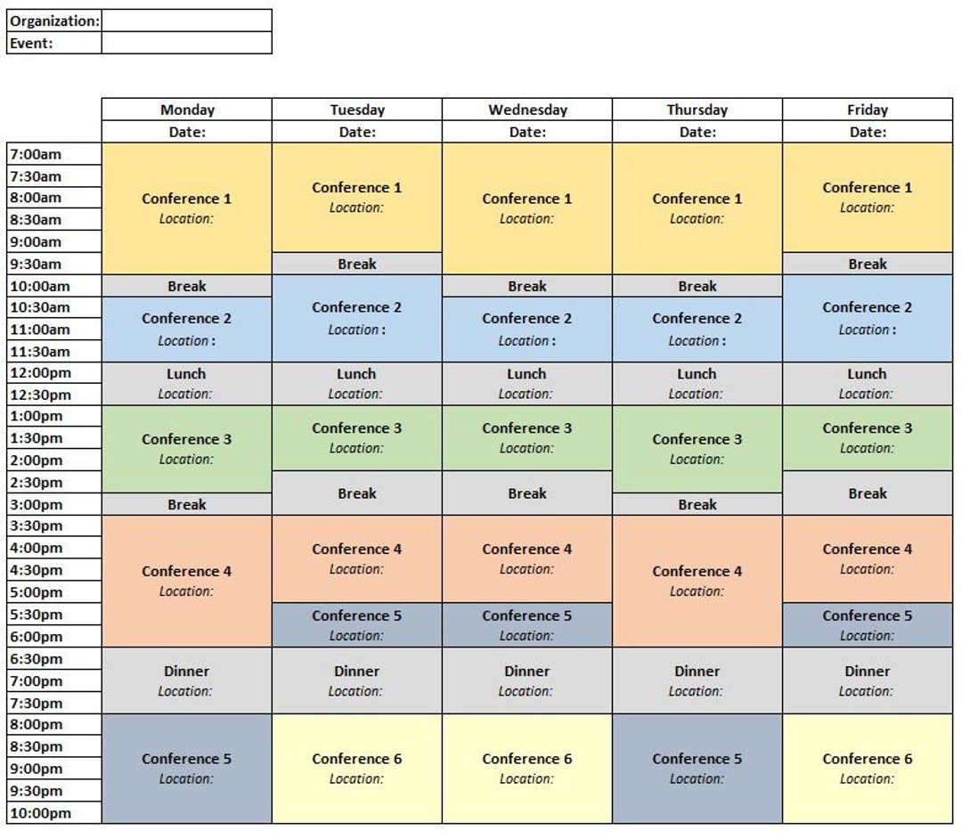 Event Schedule Template Extended Hours Mon fri Etsy