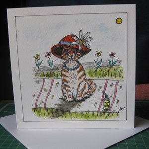 Watercolour Cat In a Hat Cartoon Greetings Card, Cartoon Cat Wall Art, Funny Cat Watercolour Original, Funny Cat Handpainted Card, Cartoon