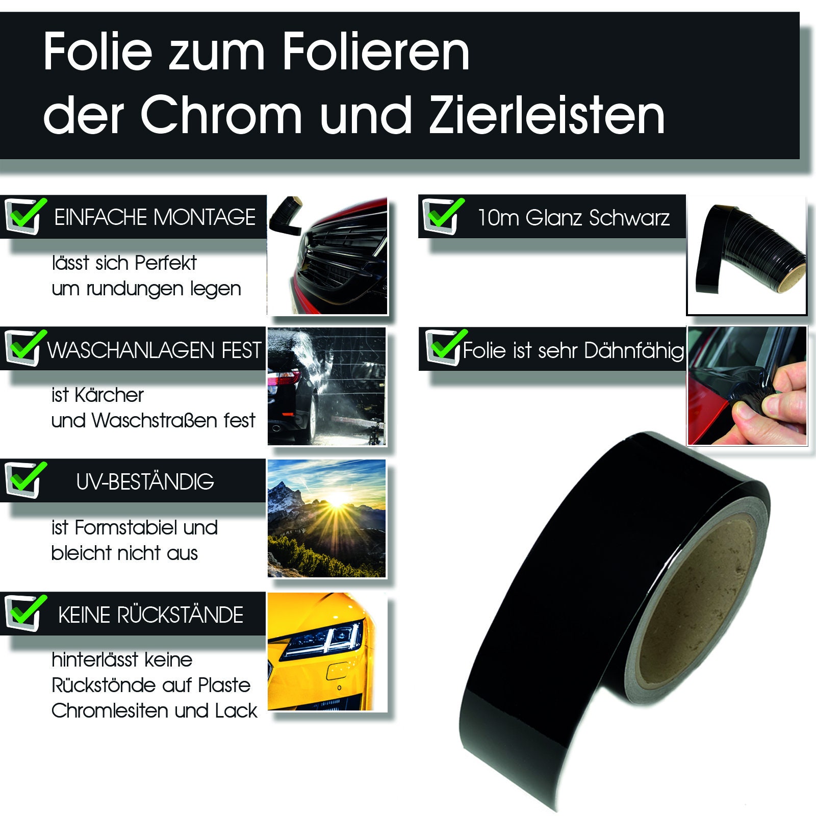 Schwarze Grill Folie Auto Zierleisten zum Folieren von Auto Chromleisten  Frontgrill Exterieur Black Schwarze Folie Optik Paket Glanz Schwarz  Tiefschwarz (5 cm x 10 Meter Länge, Schwarz Hochglanz) : : Auto &  Motorrad