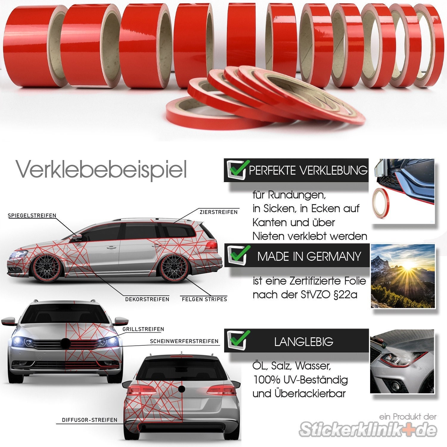 Tuning Auto Zierstreifen Folie Rot Glanz Autofolie Stripes Streifenfolien  Autoaufkleber Modellbau Wohnmobil Motorrad Bike Styling Red - .de