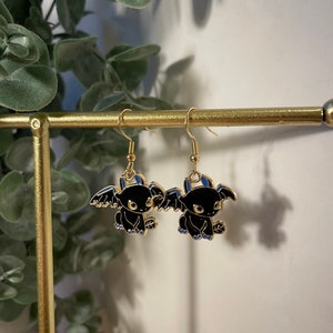 Toothless Dragon Dangle Earrings: Enamel Alloy, Silver Hooks