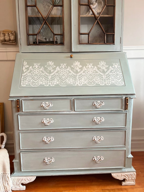 SOLD SAMPLE 2 Piece French Country Desk Slant Front Secretary China Cabinet Hutch Vanity Bookcase Governor Winthrop
