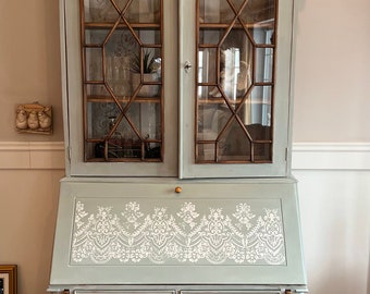 SOLD 2-Piece French Country Desk,Slant Front Secretary, China Cabinet Hutch, Vanity, Bookcase Governor Winthrop, Antique hand painted