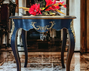 SOLD Hand Painted Blue French Louis XV Style Console, Table Desk, Entryway Furniture Repurposed Refinished Hallway Side Table one drawer