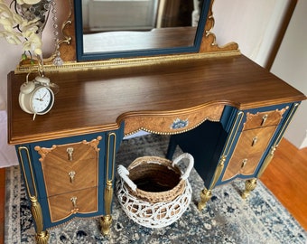 Handcrafted Refurbished Vintage Blue Dressing Table: Gold Leaf Accents -  Etsy