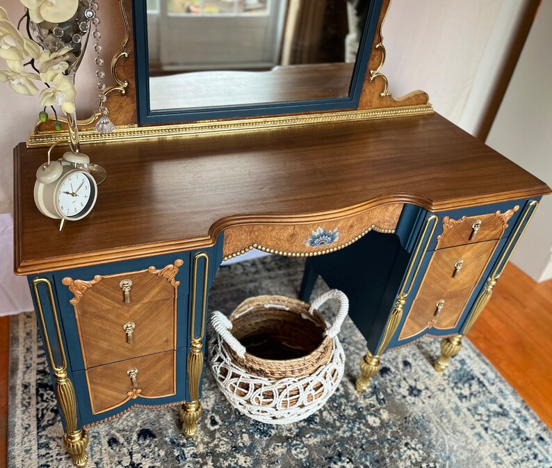 Handcrafted Refurbished Vintage Blue Dressing Table: Gold Leaf Accents ...