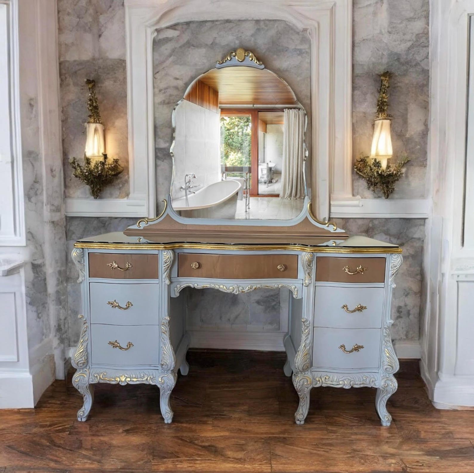 Antique Makeup Vanity Dressing Table Desk Light Blue Hand Painted