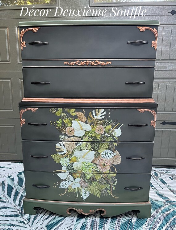 Hand Painted Vintage Solid Wood 5 Drawer Tallboy Repurposed Dark Grey and Green  Dresser - Etsy Canada
