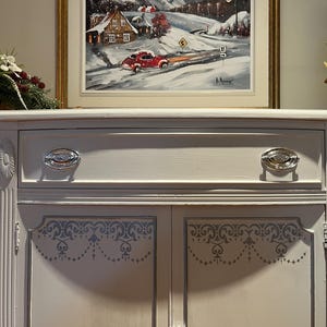 Hand Painted White and Silver Hepplewhite Buffet Credenza Sideboard Console Repurposed