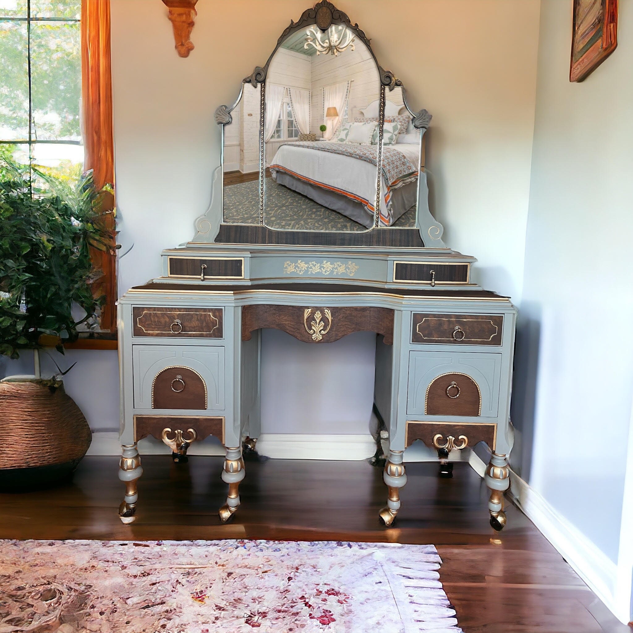 SOLD Hand Painted grey Vintage Antique Makeup Vanity Console mirror wood Refurbished Gold drawers brass pulls, on casters women bedroom