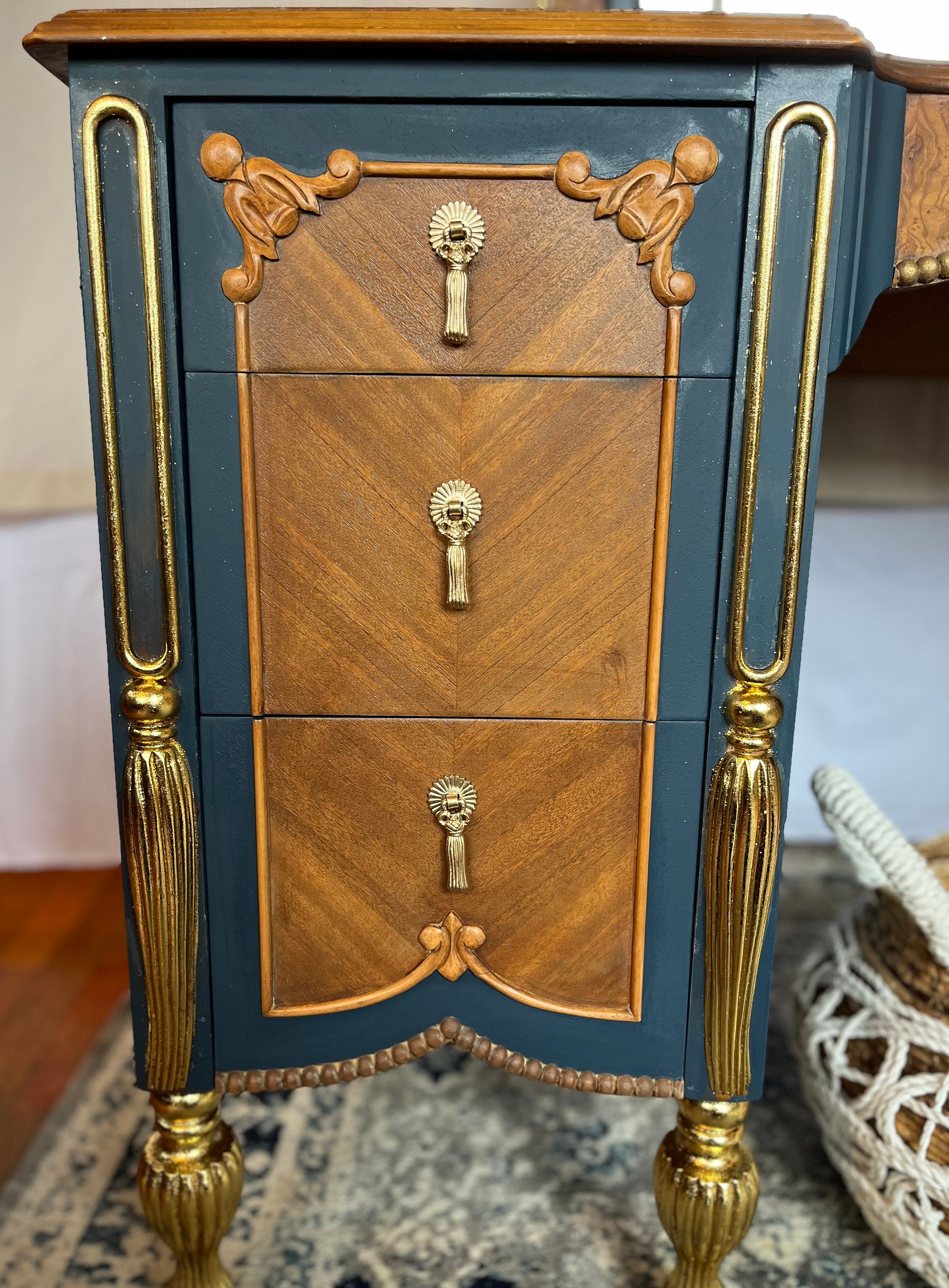 Handcrafted Refurbished Vintage Blue Dressing Table: Gold Leaf Accents -  Etsy