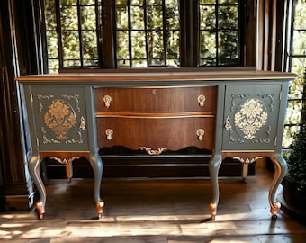 SOLD - SAMPLE - Hand Painted Green and Wood Antique Queen Anne Buffet Sideboard