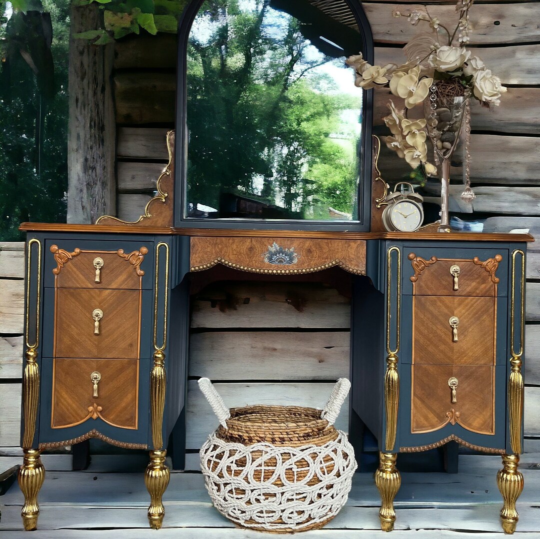 Handcrafted Refurbished Vintage Blue Dressing Table: Gold Leaf Accents ...