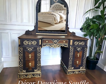 SOLD Hand painted repurposed vintage antique purple makeup vanity, desk, dressing table Console gold mirror wood drawer brass bedroom women