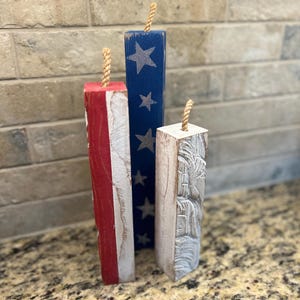 Patriotic Handmade Repurposed Wooden Firecracker Decorations, perfect for 4th of July Rustic Tabletop Accent for Memorial & Labor Day Decor