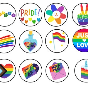 May include: Twelve round stickers with various pride-themed designs, including rainbows, hearts, flowers, and text like "Pride!" and "Just Love".