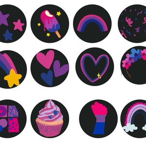 Peut inclure: Douze icônes circulaires noires avec divers symboles de fierté bisexuelle, notamment un arc-en-ciel, des cœurs, des étoiles, un cupcake et un poing.