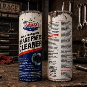 May include: A cylindrical tumbler featuring a distressed, weathered design that mimics a can of Lucas Oil Non-Chlorinated Brake Parts Cleaner. The white, red, and blue label includes technical text, a brake rotor graphic, and a clear lid with a straw.