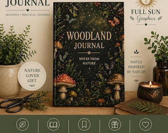 Diário de capa dura Woodland Journal | Anotações da natureza, design de floresta de cogumelos, diário para amantes de plantas