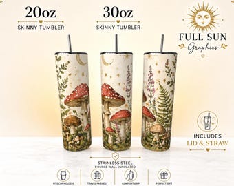 Mushroom Forest Tumbler, Cottagecore Nature Drinkware, Stainless Steel Travel Mug
