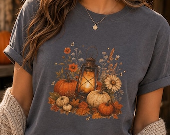 Vintage Kürbis-T-Shirt, Herbstlaternen-T-Shirt, Halloween-Shirt aus Baumwolle
