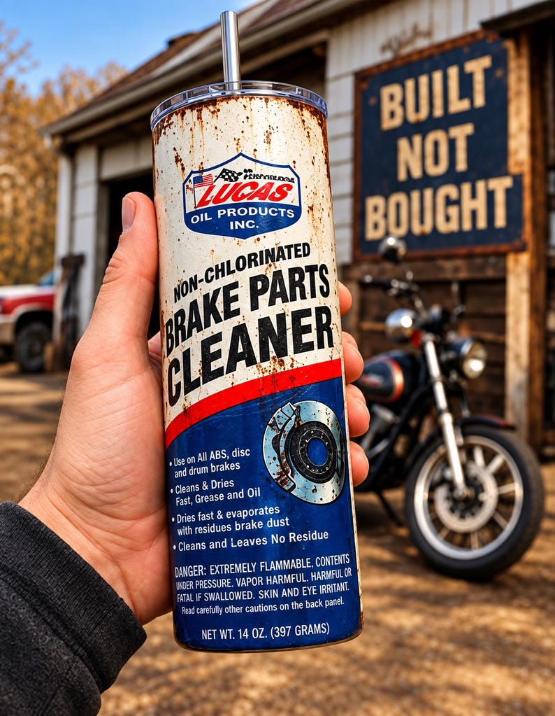 May include: A cylindrical tumbler with a metal straw, featuring a design that mimics a can of Lucas Oil Products Non-Chlorinated Brake Parts Cleaner. The white and blue label includes text, a brake disc graphic, and a net weight of 14 oz.