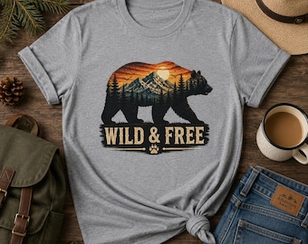 Maglietta Wild and Free Bear Comfort Colors, ideale per il campeggio e le avventure all'aria aperta, regalo perfetto per lei, per gli amanti della natura.