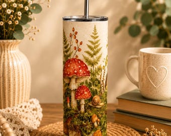 Mushroom Skinny Tumbler, Woodland Forest 20oz with Straw, Nature Lover Gift