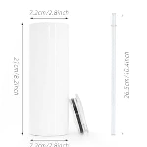May include: A white cylindrical tumbler with a clear lid and a clear straw. The tumbler measures 8.2 inches in height and 2.8 inches in diameter. The straw measures 10.4 inches in length. The components are displayed against a plain white background.
