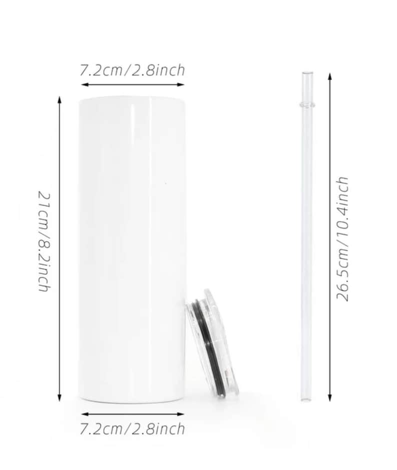 May include: A white cylindrical tumbler with a clear lid and a clear straw. The tumbler measures 8.2 inches in height and 2.8 inches in diameter. The straw measures 10.4 inches in length. The components are displayed against a plain white background.