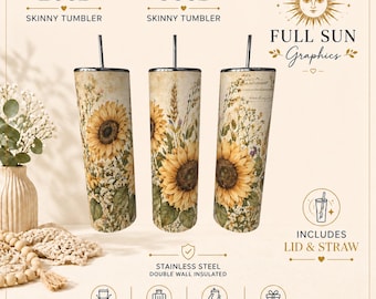 Sunflower Tumbler | Rustic Floral Stainless Steel Insulated Cup (20oz, 30oz)