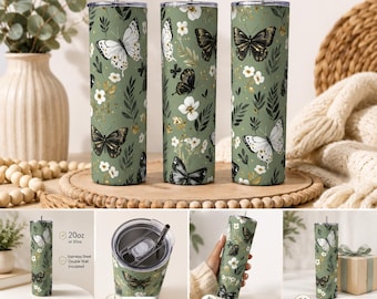 Sage Green Butterfly Floral Tumbler (20oz or 30oz)|Garden Lover Gift
