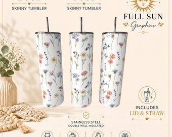 Wildflower Skinny Tumbler, Floral Summer Drinkware, Cottagecore Nature Lover Cup|Fathers Day