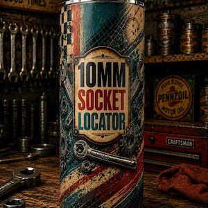 May include: A cylindrical metal tumbler with a straw, featuring a vintage-style graphic design with the text 10MM SOCKET LOCATOR in black, red, and teal. The surface displays illustrations of wrenches, gears, and tire tracks in a distressed finish.