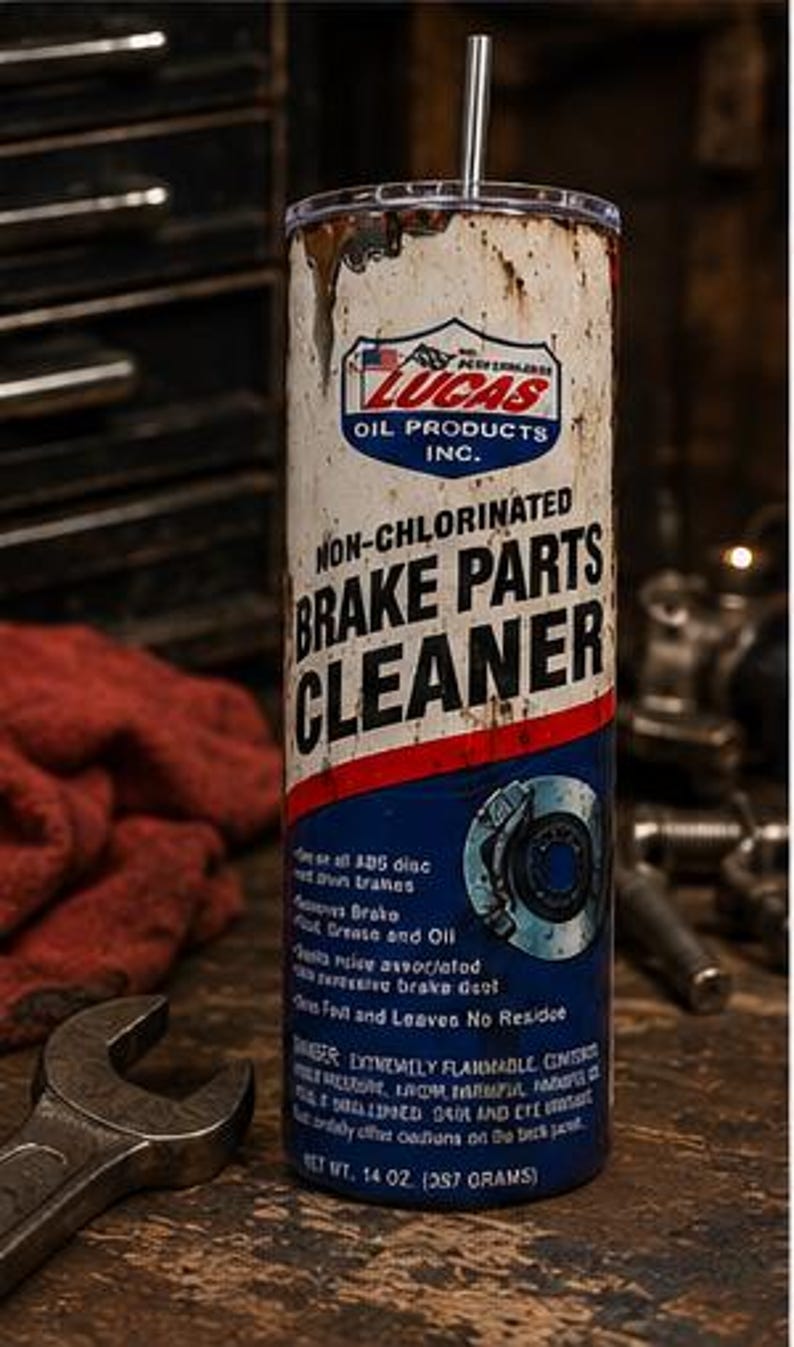 May include: A cylindrical tumbler featuring a graphic design that mimics a can of Lucas Oil Products Non-Chlorinated Brake Parts Cleaner. The design includes white, red, and blue colors, text, a brake rotor illustration, and a metal straw.