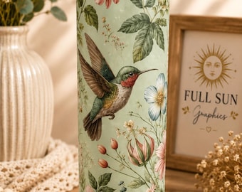 Hummingbird Botanical Floral Skinny Tumbler | Insulated Stainless Steel Cup