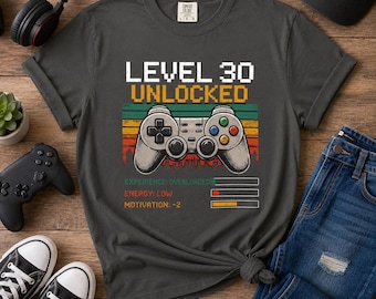 Maglietta da gamer "Livello 30 sbloccato", t-shirt con controller di gioco retrò e design nostalgico