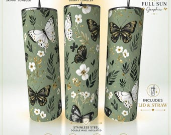 Gobelet isotherme papillon, tasse de voyage botanique en acier inoxydable, cadeau pour les amoureux de la nature, tasse à café glacé florale