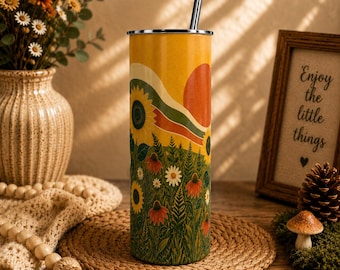 Retro Sunflower Skinny Tumbler, Boho Wildflower Cup, Sunflower Nature Gift
