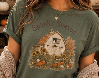 T-Shirt mit Sonnenblumen- und Kürbismotiv, Herbstliches Landhaus-T-Shirt, Gemütliches Herbst-Halloween-Geschenk