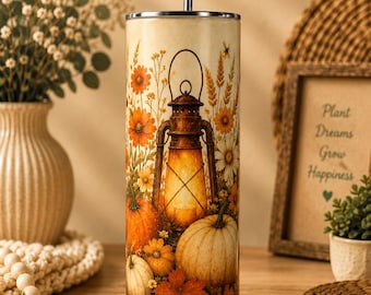 Fall Pumpkin Skinny Tumbler, Autumn 20oz with Straw, Fall Travel Cup Gift