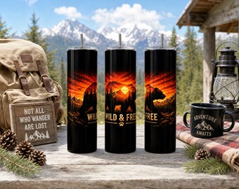 Bear Tumbler|Wild & Free Bear Tumbler, Mountain Sunset Stainless Steel Travel Mug, Camping Cup