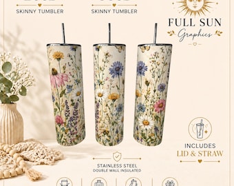 Wildflower Stainless Steel Tumbler, Cottagecore Floral Drinkware, Botanical Travel Cup