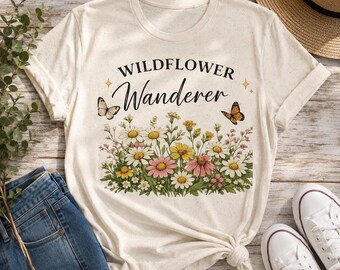 Maglietta con fiori selvatici e grafica botanica di farfalle, ideale per gli amanti della natura e del giardino primaverile.