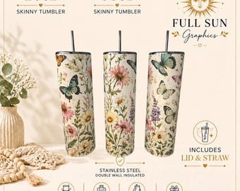 Butterfly Wildflower Stainless Steel Tumbler, Cottagecore Boho Nature Drinkware