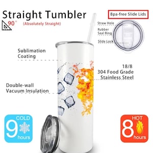 May include: A white straight tumbler with sublimation coating and double-wall vacuum insulation. The design features ice cubes and flames. It includes a clear BPA-free slide lid with a rubber seal ring and a straw. Keeps drinks cold 9 hours or hot 8 hours.