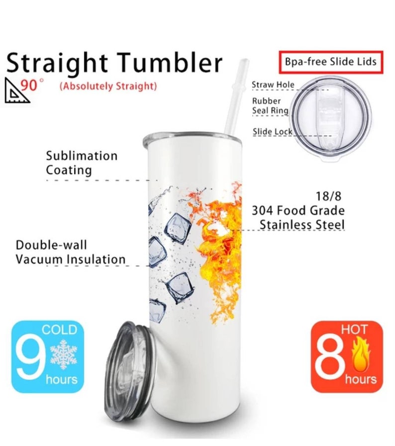 May include: A white straight tumbler with sublimation coating and double-wall vacuum insulation. The design features ice cubes and flames. It includes a clear BPA-free slide lid with a rubber seal ring and a straw. Keeps drinks cold 9 hours or hot 8 hours.