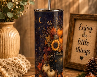 Fall Pumpkin Skinny Tumbler, Celestial Autumn 20oz Cup,Gift for Her