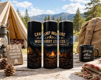 Camping Tumbler|Camp More Worry Less Tumbler, Insulated Stainless Steel Travel Mug, Outdoor Campfire Cup
