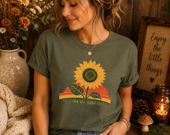 Retro-Shirt mit Sonnenblumen-Sonnenuntergangsmotiv, Boho-Grafik-T-Shirt, Sonnenblumen-Geschenk